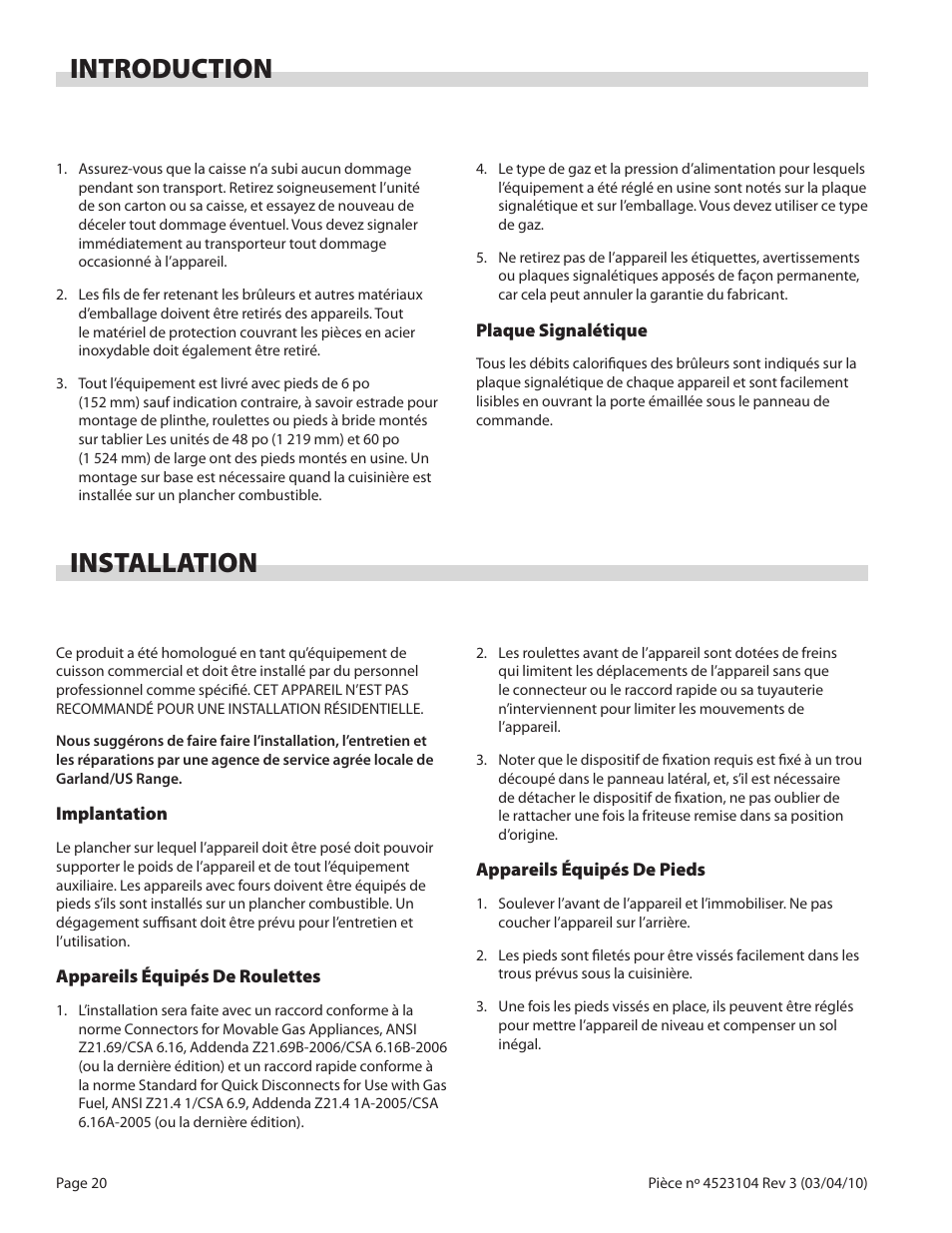 Introduction, Installation | Garland G SERIES GAS RESTAURANT RANGES User Manual | Page 20 / 56