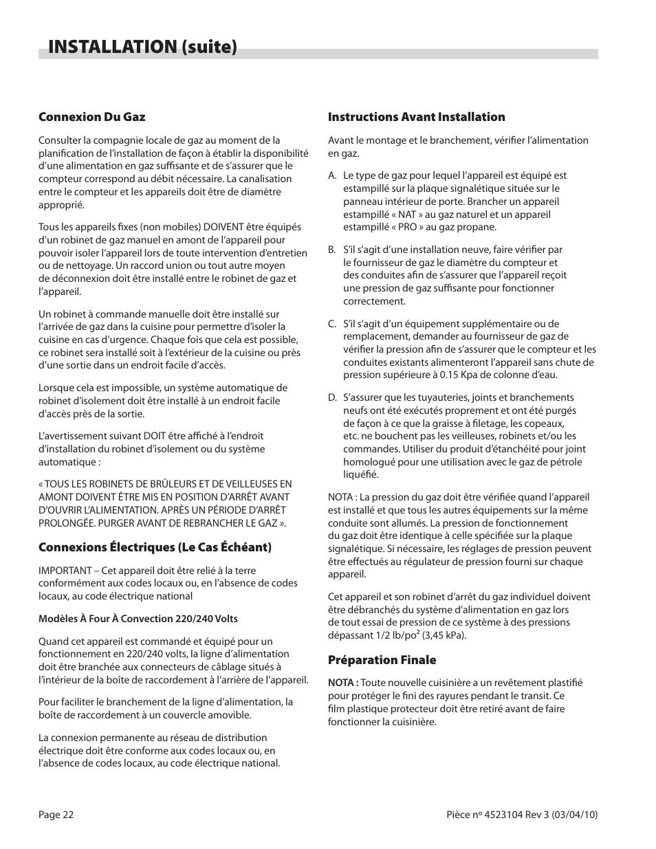 Installation (suite) | Garland G SERIES GAS RESTAURANT RANGES User Manual | Page 22 / 56