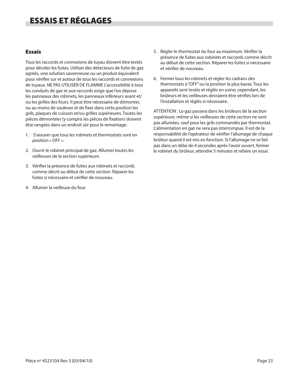 Essais et réglages | Garland G SERIES GAS RESTAURANT RANGES User Manual | Page 23 / 56