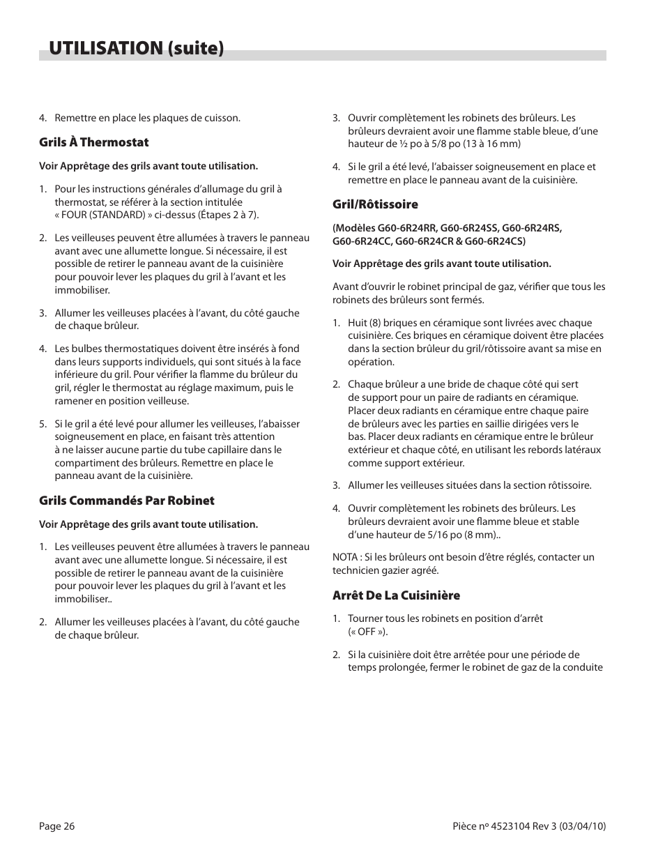 Utilisation (suite) | Garland G SERIES GAS RESTAURANT RANGES User Manual | Page 26 / 56
