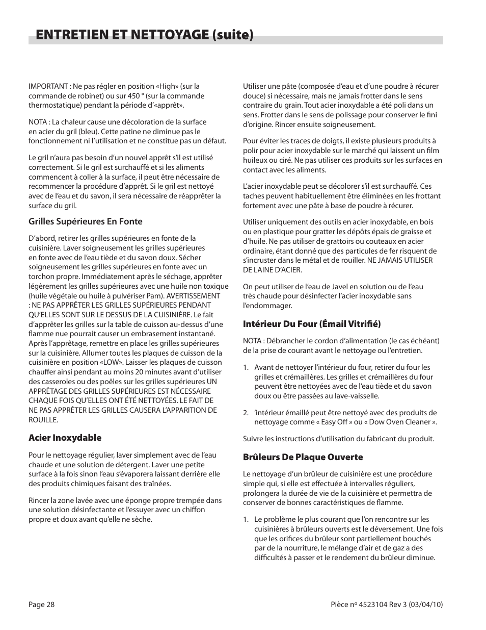 Entretien et nettoyage (suite) | Garland G SERIES GAS RESTAURANT RANGES User Manual | Page 28 / 56