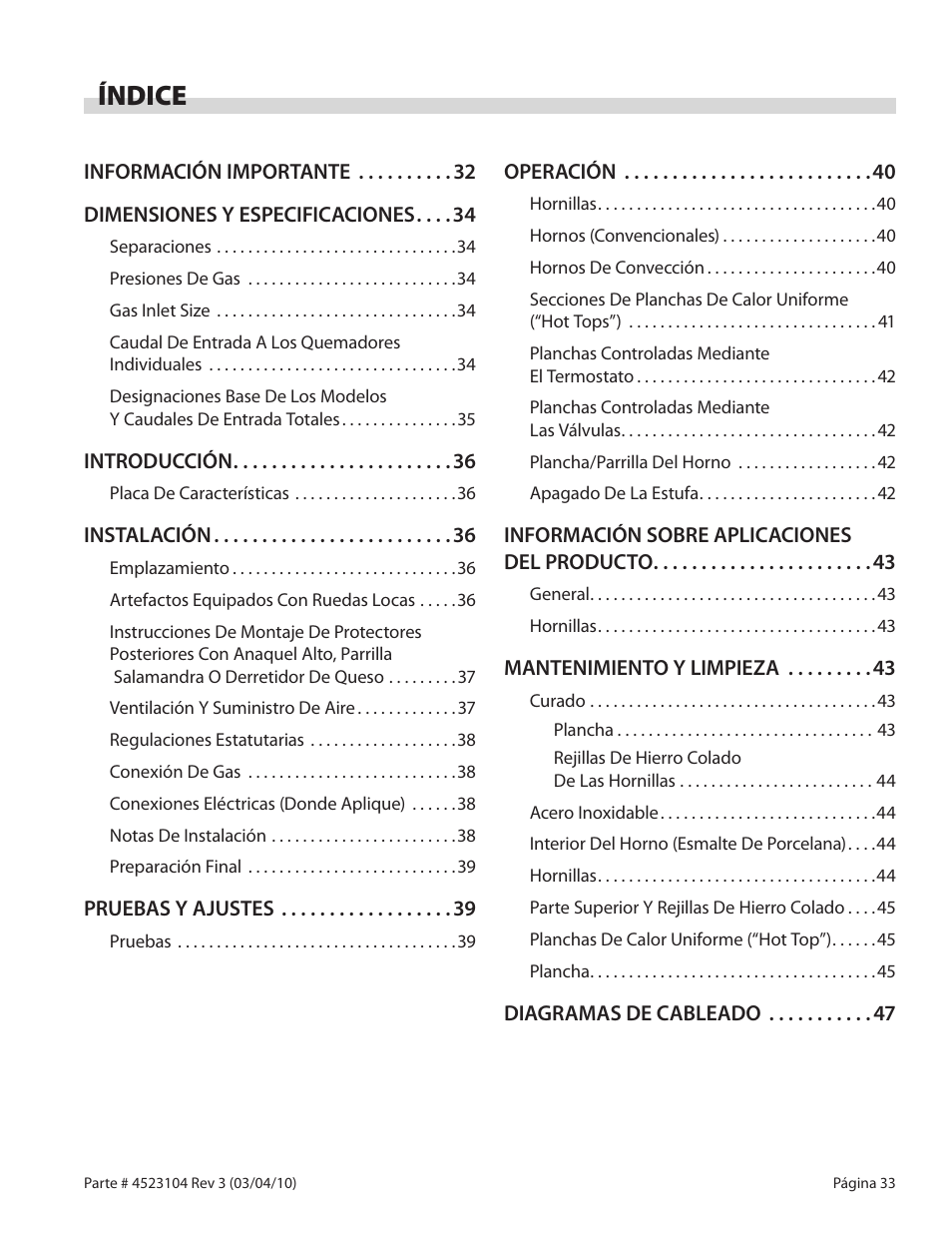 Índice | Garland G SERIES GAS RESTAURANT RANGES User Manual | Page 33 / 56