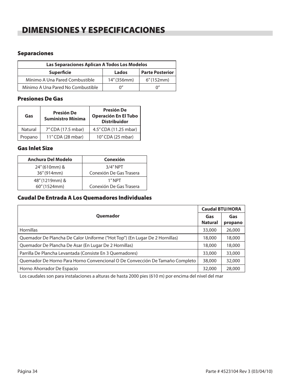 Dimensiones y especificaciones | Garland G SERIES GAS RESTAURANT RANGES User Manual | Page 34 / 56