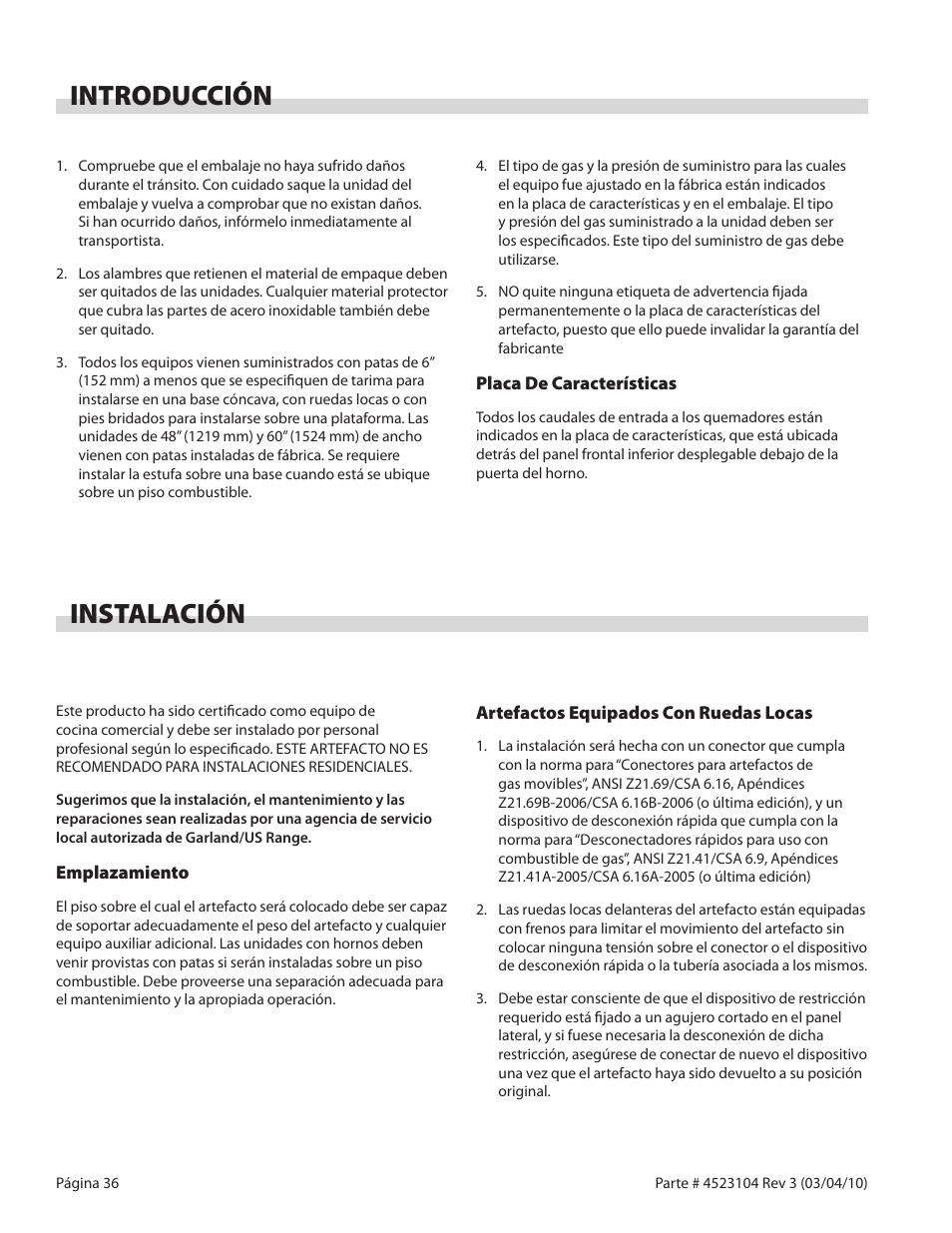 Introducción, Instalación | Garland G SERIES GAS RESTAURANT RANGES User Manual | Page 36 / 56