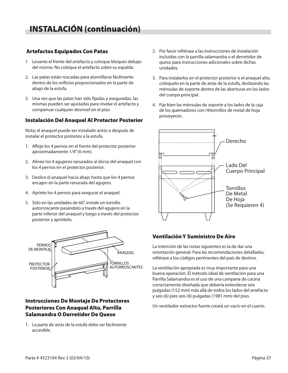 Instalación (continuación) | Garland G SERIES GAS RESTAURANT RANGES User Manual | Page 37 / 56