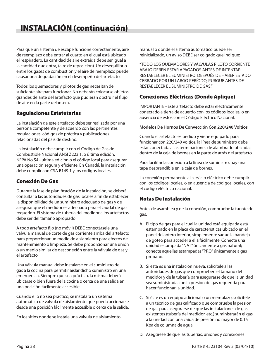 Instalación (continuación) | Garland G SERIES GAS RESTAURANT RANGES User Manual | Page 38 / 56