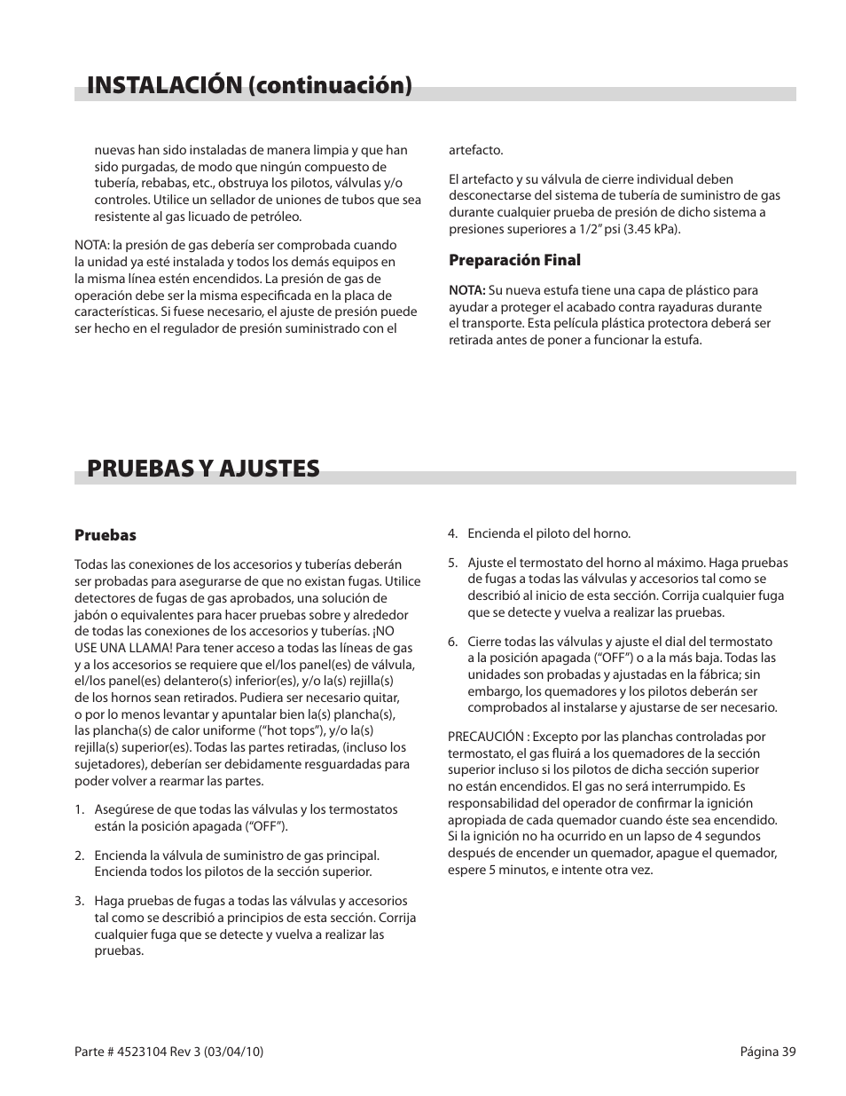 Pruebas y ajustes, Instalación (continuación) | Garland G SERIES GAS RESTAURANT RANGES User Manual | Page 39 / 56
