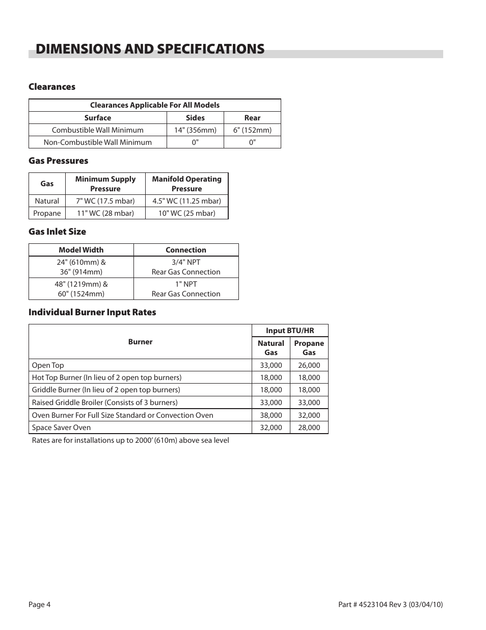 Dimensions and specifications | Garland G SERIES GAS RESTAURANT RANGES User Manual | Page 4 / 56