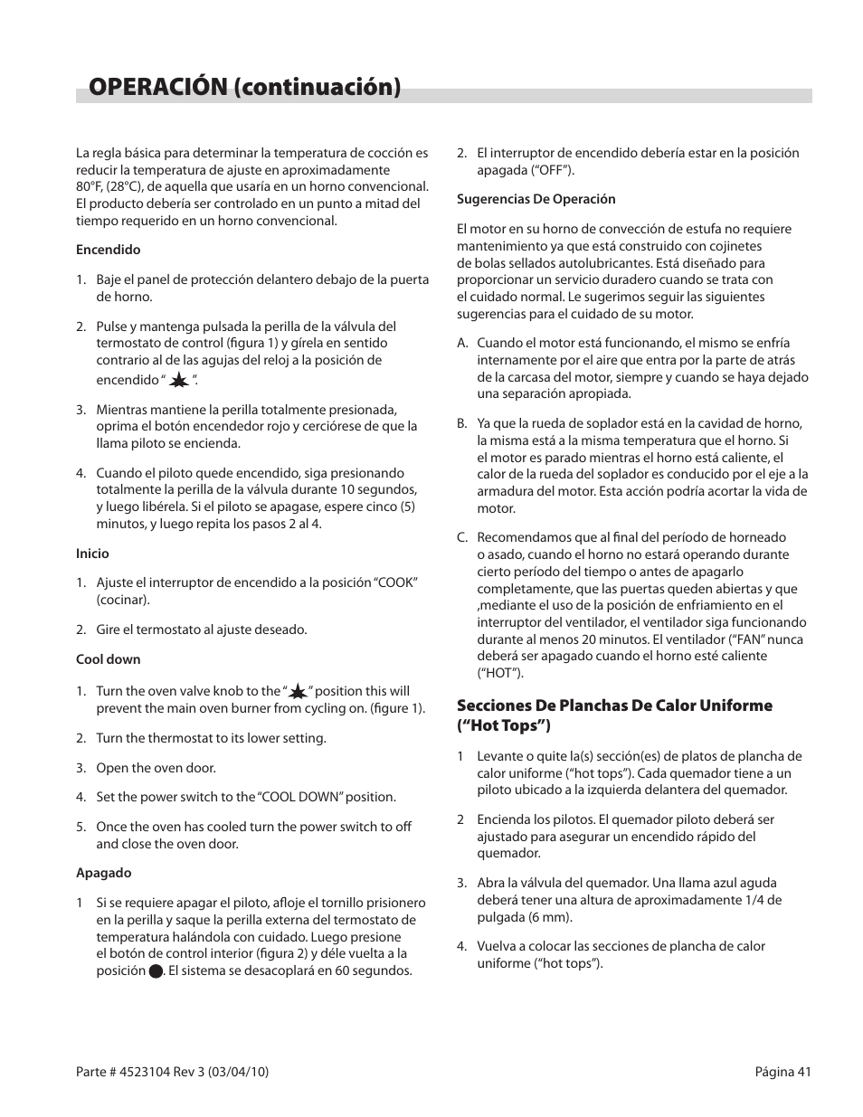 Operación (continuación) | Garland G SERIES GAS RESTAURANT RANGES User Manual | Page 41 / 56