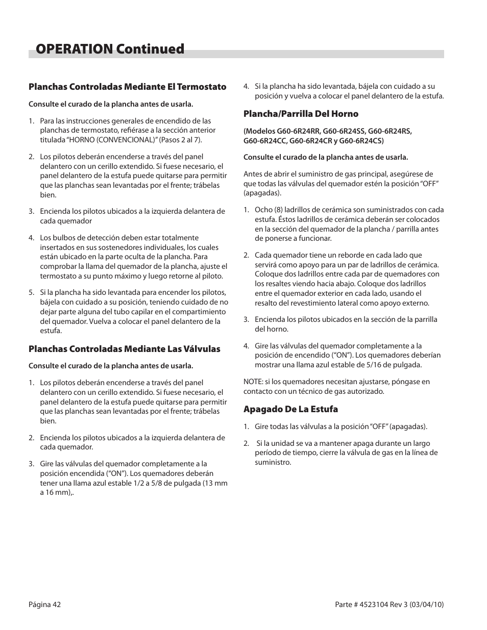Operation continued | Garland G SERIES GAS RESTAURANT RANGES User Manual | Page 42 / 56