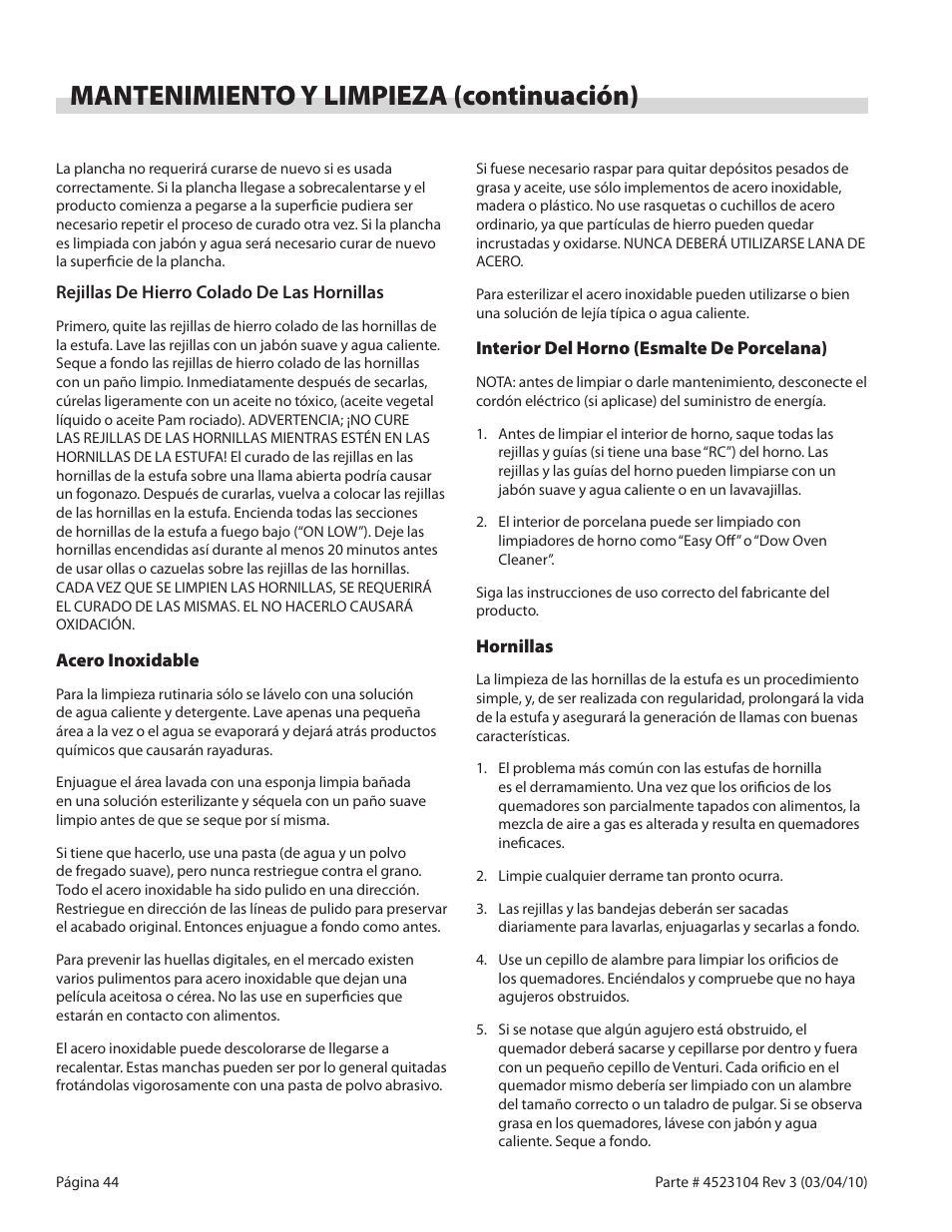 Mantenimiento y limpieza (continuación) | Garland G SERIES GAS RESTAURANT RANGES User Manual | Page 44 / 56