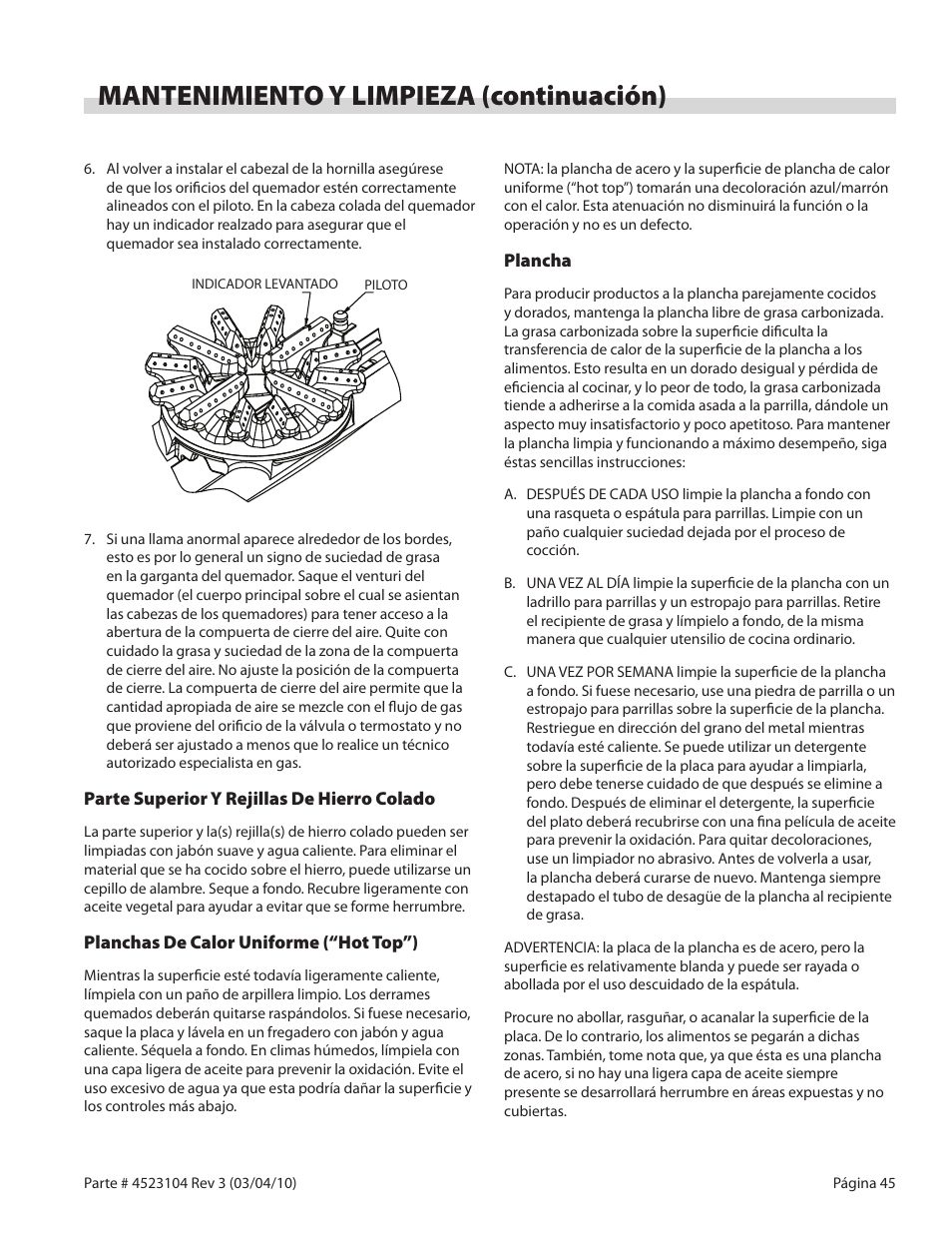 Mantenimiento y limpieza (continuación) | Garland G SERIES GAS RESTAURANT RANGES User Manual | Page 45 / 56