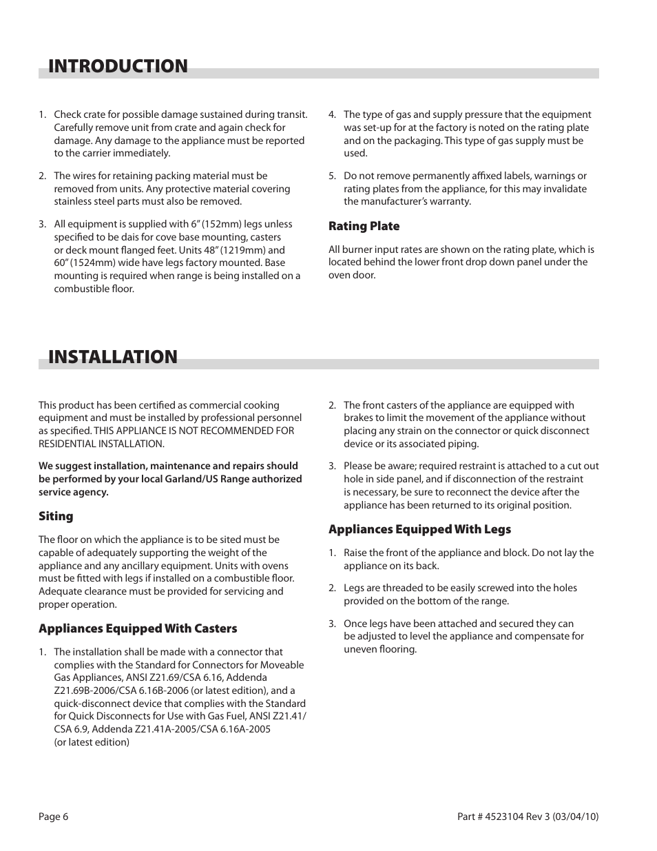 Introduction, Installation | Garland G SERIES GAS RESTAURANT RANGES User Manual | Page 6 / 56