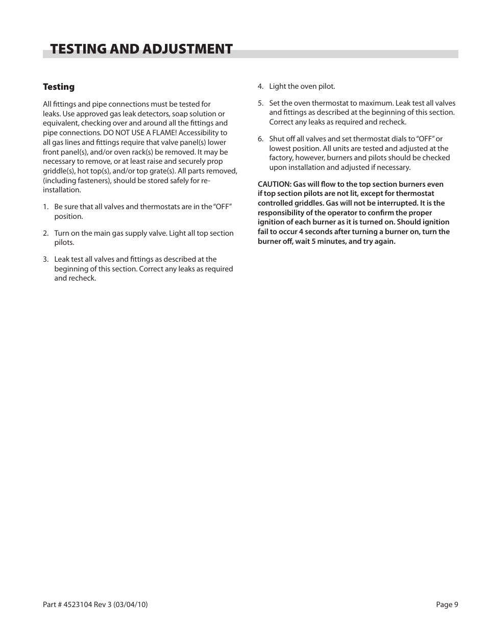 Testing and adjustment | Garland G SERIES GAS RESTAURANT RANGES User Manual | Page 9 / 56