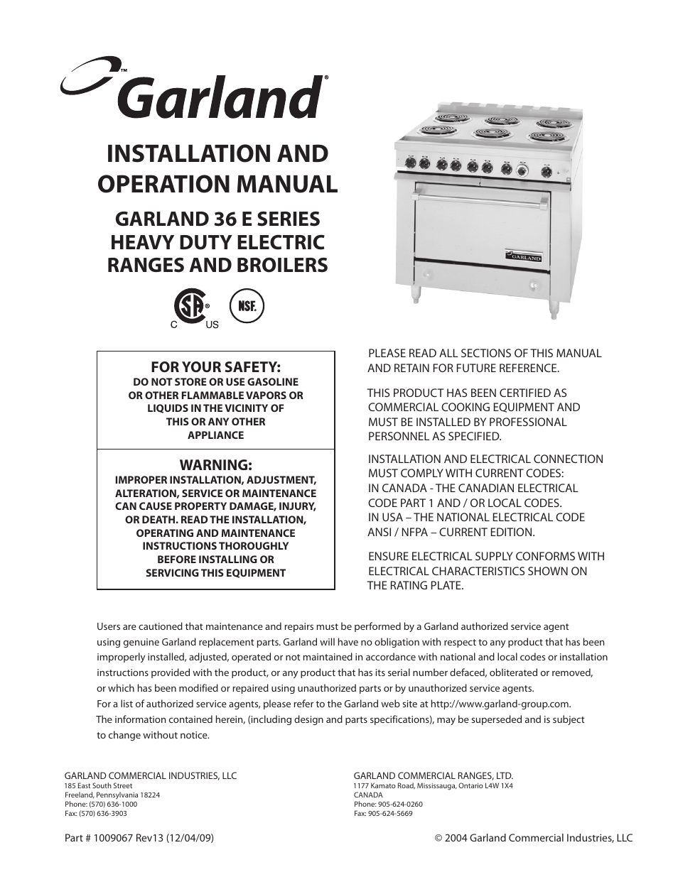 Garland 36 E SERIES HEAVY DUTY ELECTRIC RANGES AND BROILERS User Manual | 60 pages