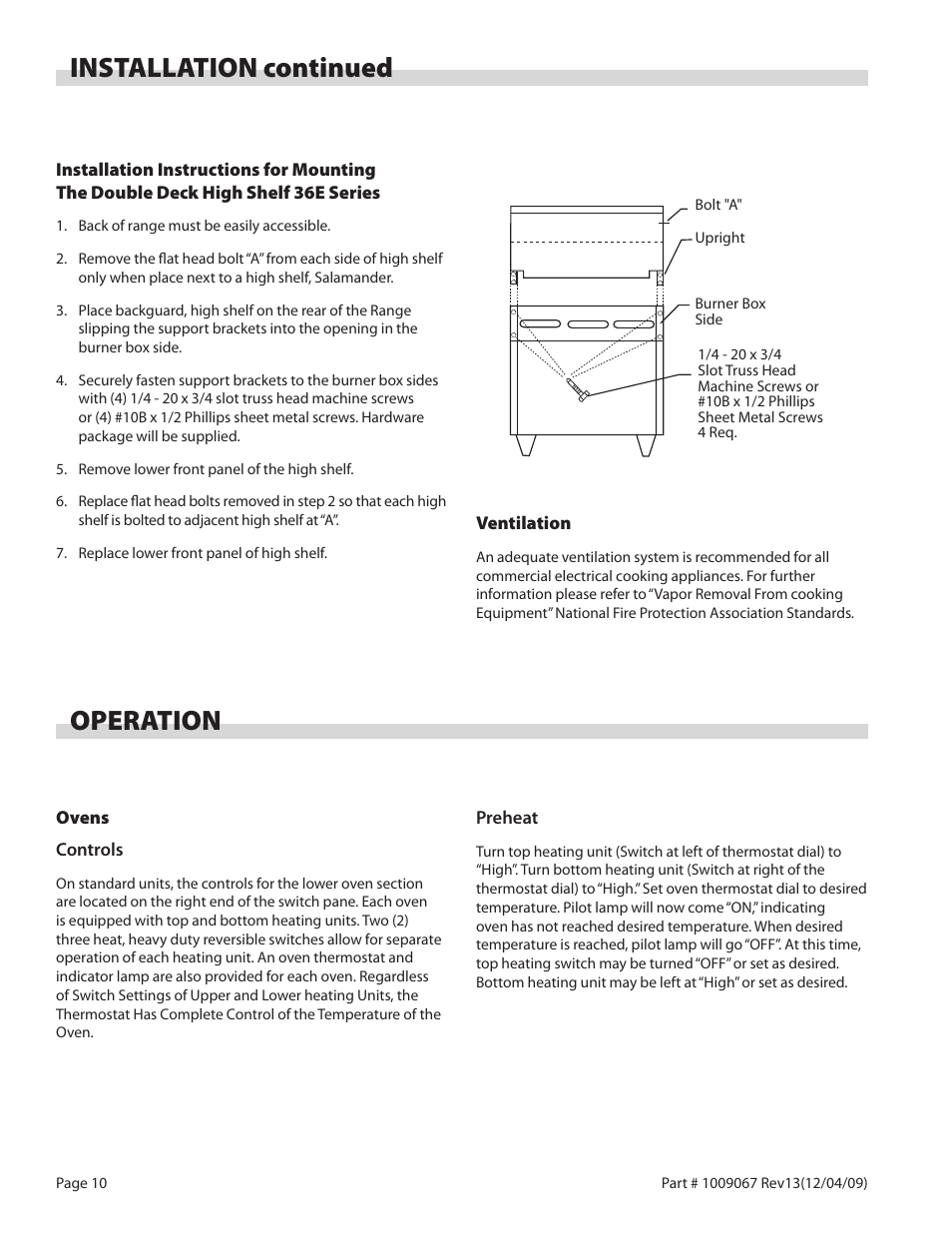 Installation continued, Operation | Garland 36 E SERIES HEAVY DUTY ELECTRIC RANGES AND BROILERS User Manual | Page 10 / 60