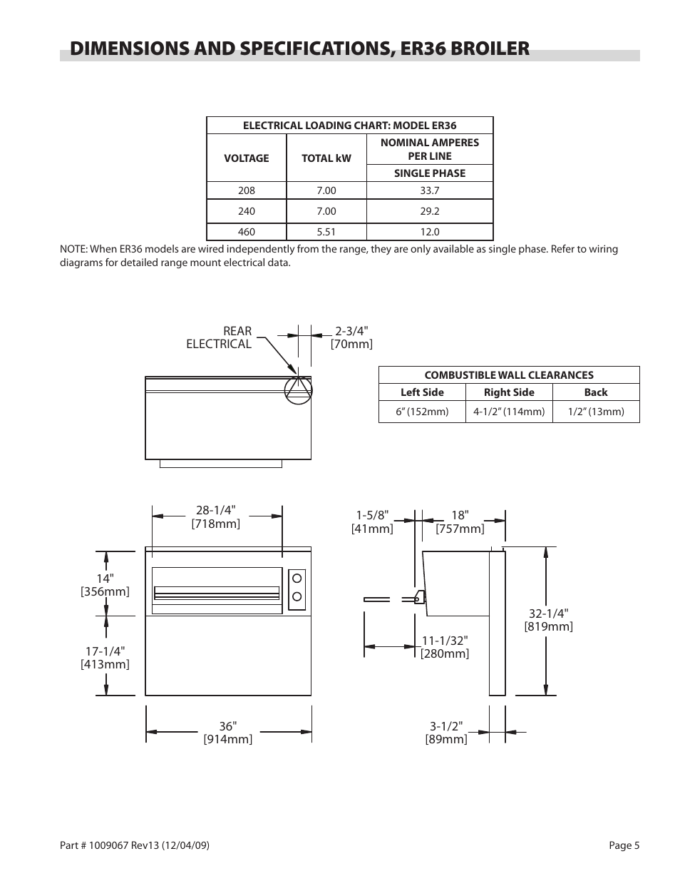 Dimensions and specifications, er36 broiler | Garland 36 E SERIES HEAVY DUTY ELECTRIC RANGES AND BROILERS User Manual | Page 5 / 60