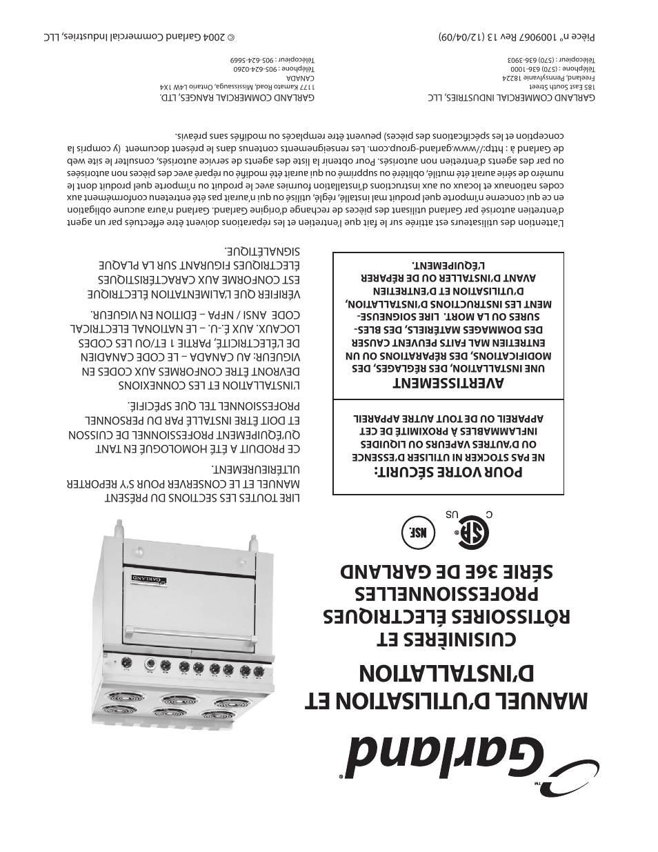 Pour vo tre sécurit, Avertissement | Garland 36 E SERIES HEAVY DUTY ELECTRIC RANGES AND BROILERS User Manual | Page 60 / 60