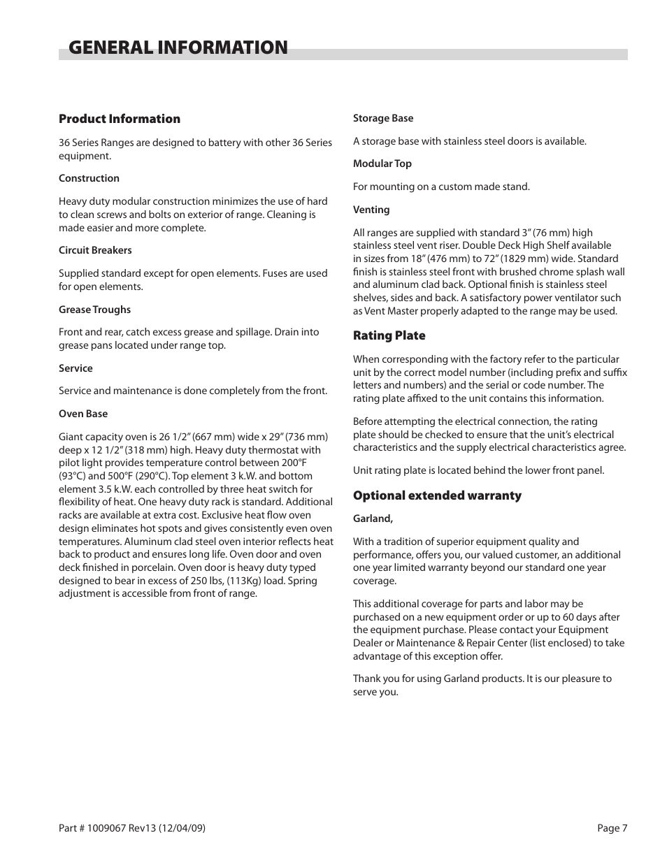 General information | Garland 36 E SERIES HEAVY DUTY ELECTRIC RANGES AND BROILERS User Manual | Page 7 / 60