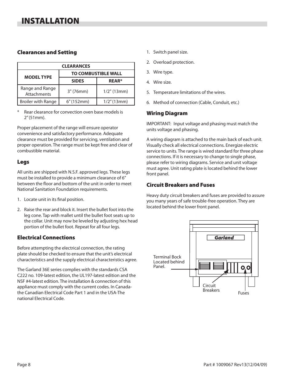 Installation | Garland 36 E SERIES HEAVY DUTY ELECTRIC RANGES AND BROILERS User Manual | Page 8 / 60