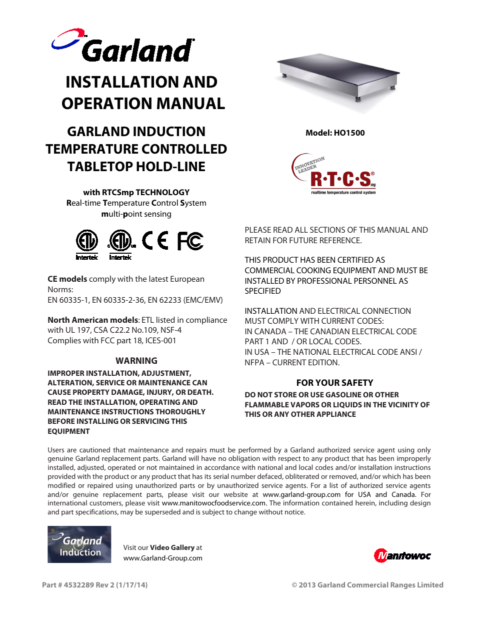 Garland HO1500 INDUCTION TEMPERATURE CONTROLLED TABLETOP HOLD-LINE User Manual | 24 pages