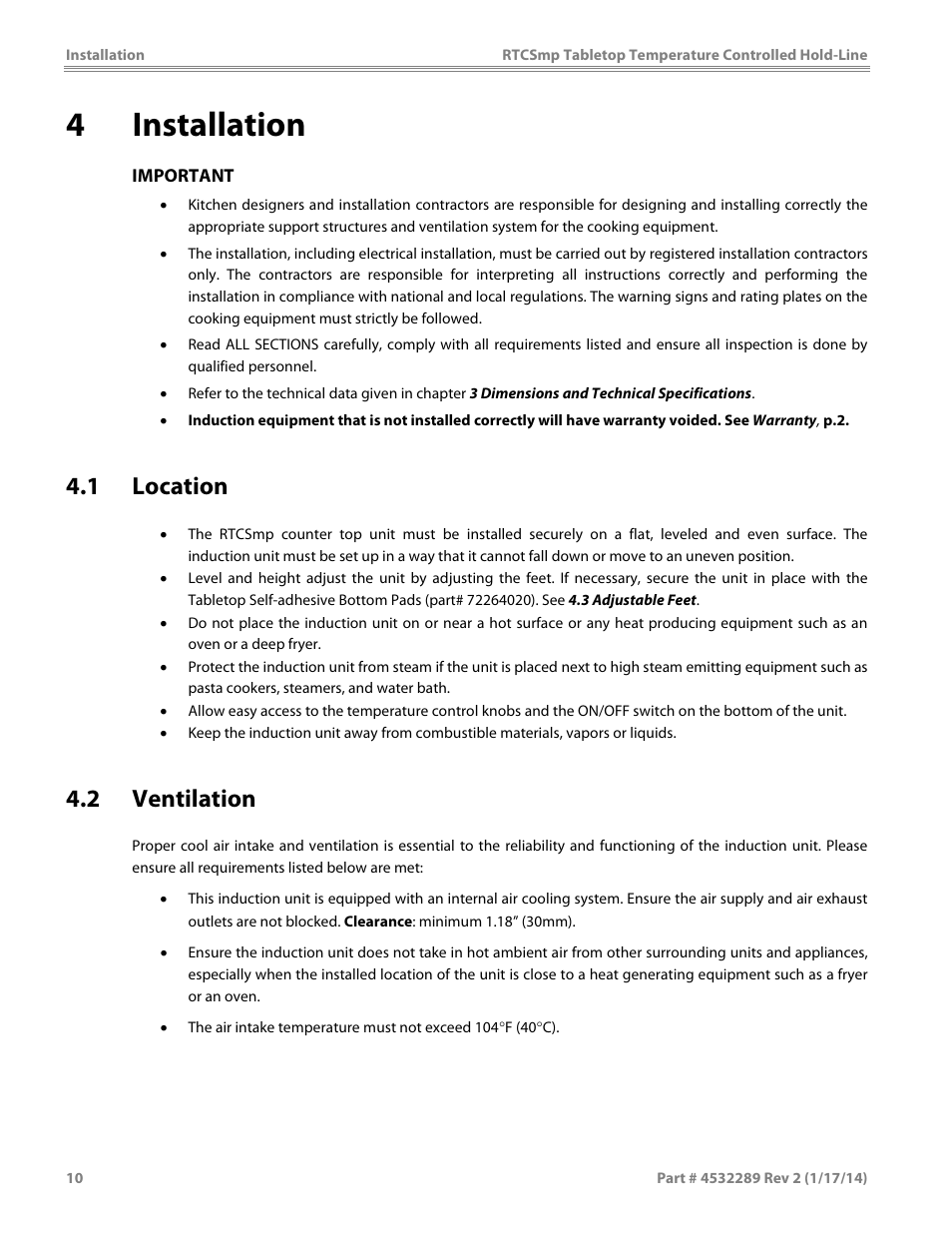 4 installation, 1 location, 2 ventilation | Garland HO1500 INDUCTION TEMPERATURE CONTROLLED TABLETOP HOLD-LINE User Manual | Page 10 / 24