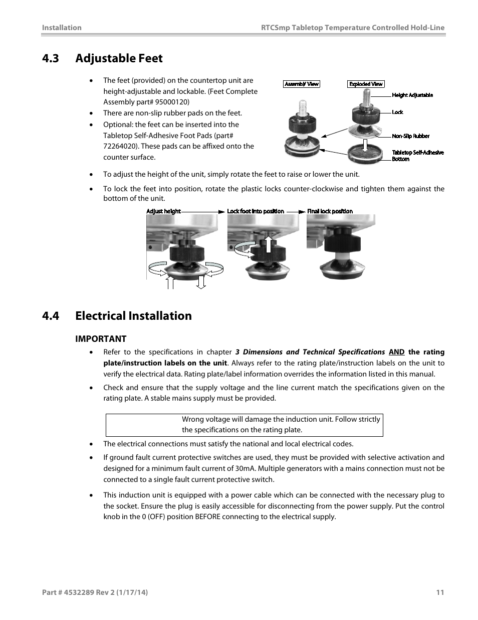 3 adjustable feet, 4 electrical installation | Garland HO1500 INDUCTION TEMPERATURE CONTROLLED TABLETOP HOLD-LINE User Manual | Page 11 / 24