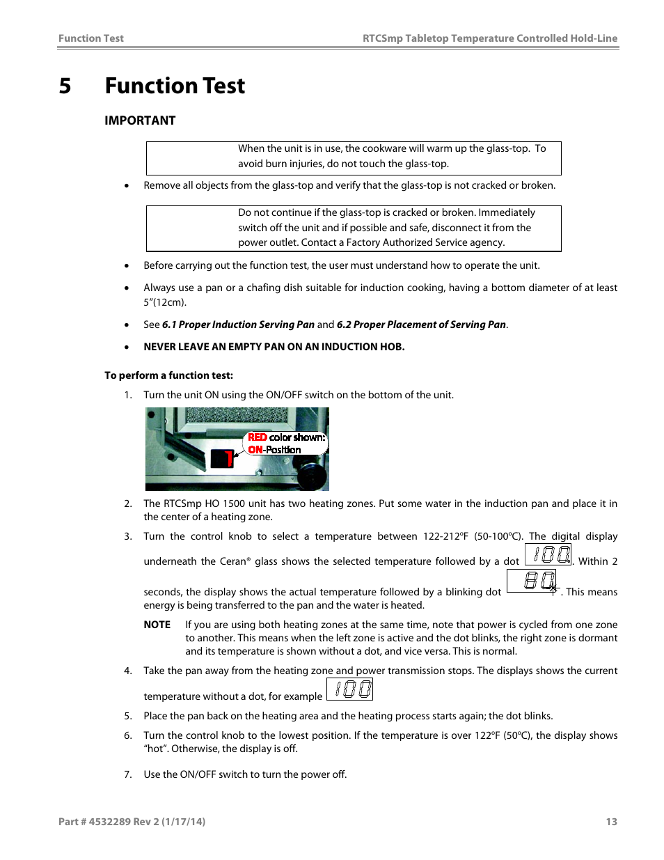 5 function test, Caution | Garland HO1500 INDUCTION TEMPERATURE CONTROLLED TABLETOP HOLD-LINE User Manual | Page 13 / 24