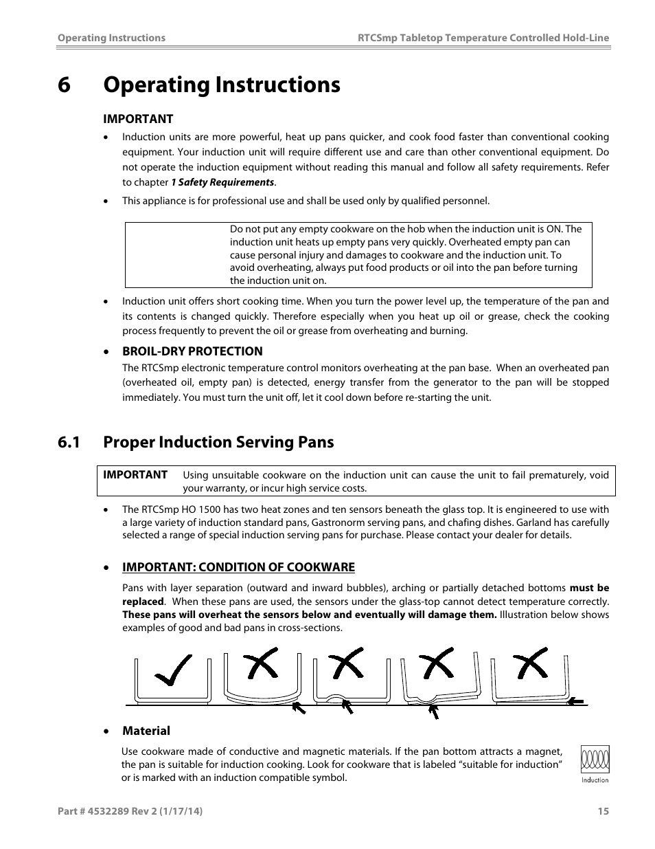 6 operating instructions, 1 proper induction serving pans, Caution | Garland HO1500 INDUCTION TEMPERATURE CONTROLLED TABLETOP HOLD-LINE User Manual | Page 15 / 24