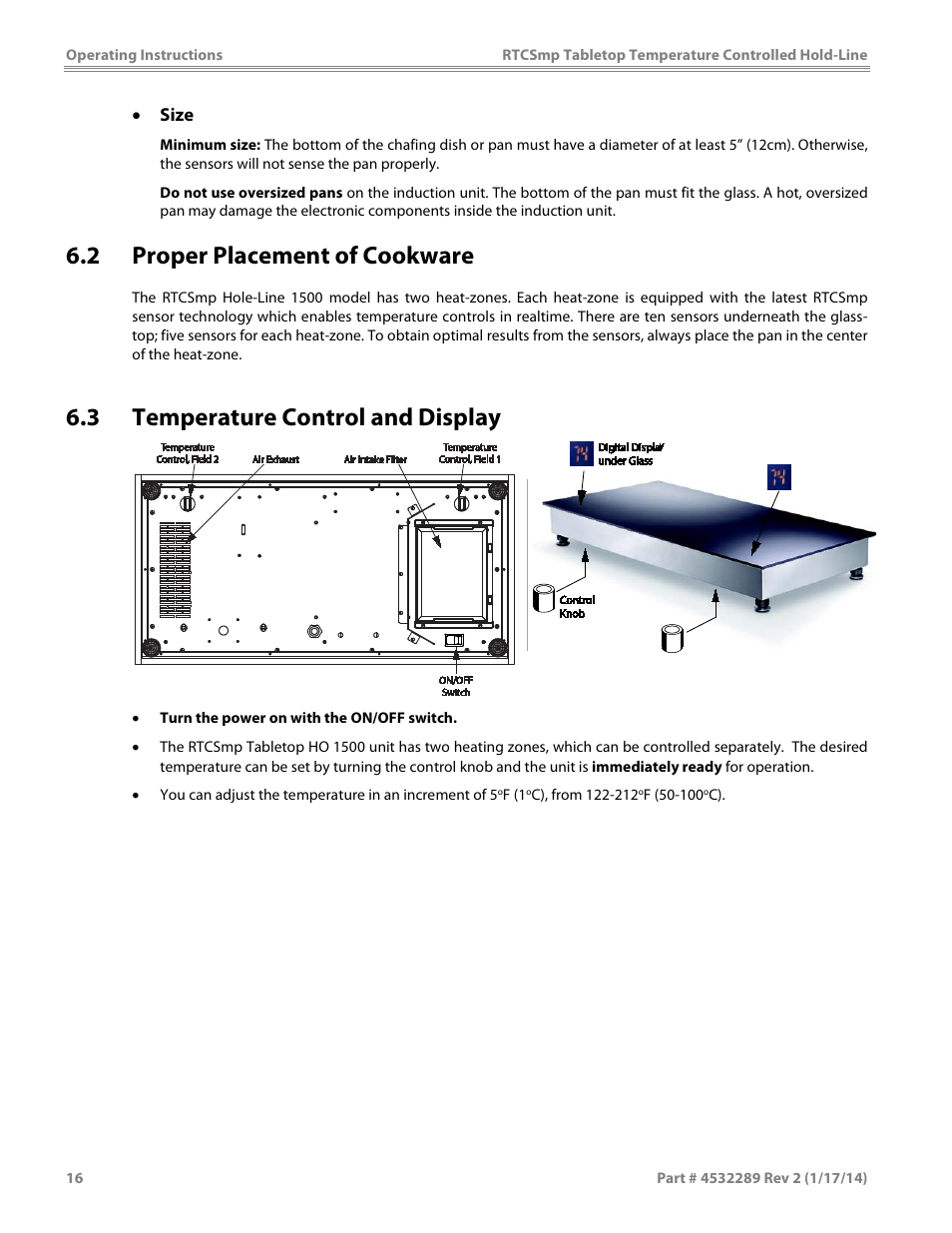 2 proper placement of cookware, 3 temperature control and display | Garland HO1500 INDUCTION TEMPERATURE CONTROLLED TABLETOP HOLD-LINE User Manual | Page 16 / 24