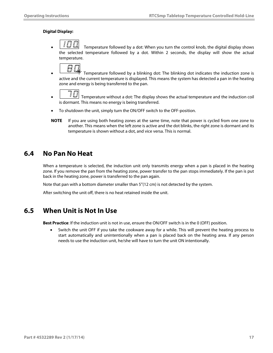 4 no pan no heat, 5 when unit is not in use | Garland HO1500 INDUCTION TEMPERATURE CONTROLLED TABLETOP HOLD-LINE User Manual | Page 17 / 24