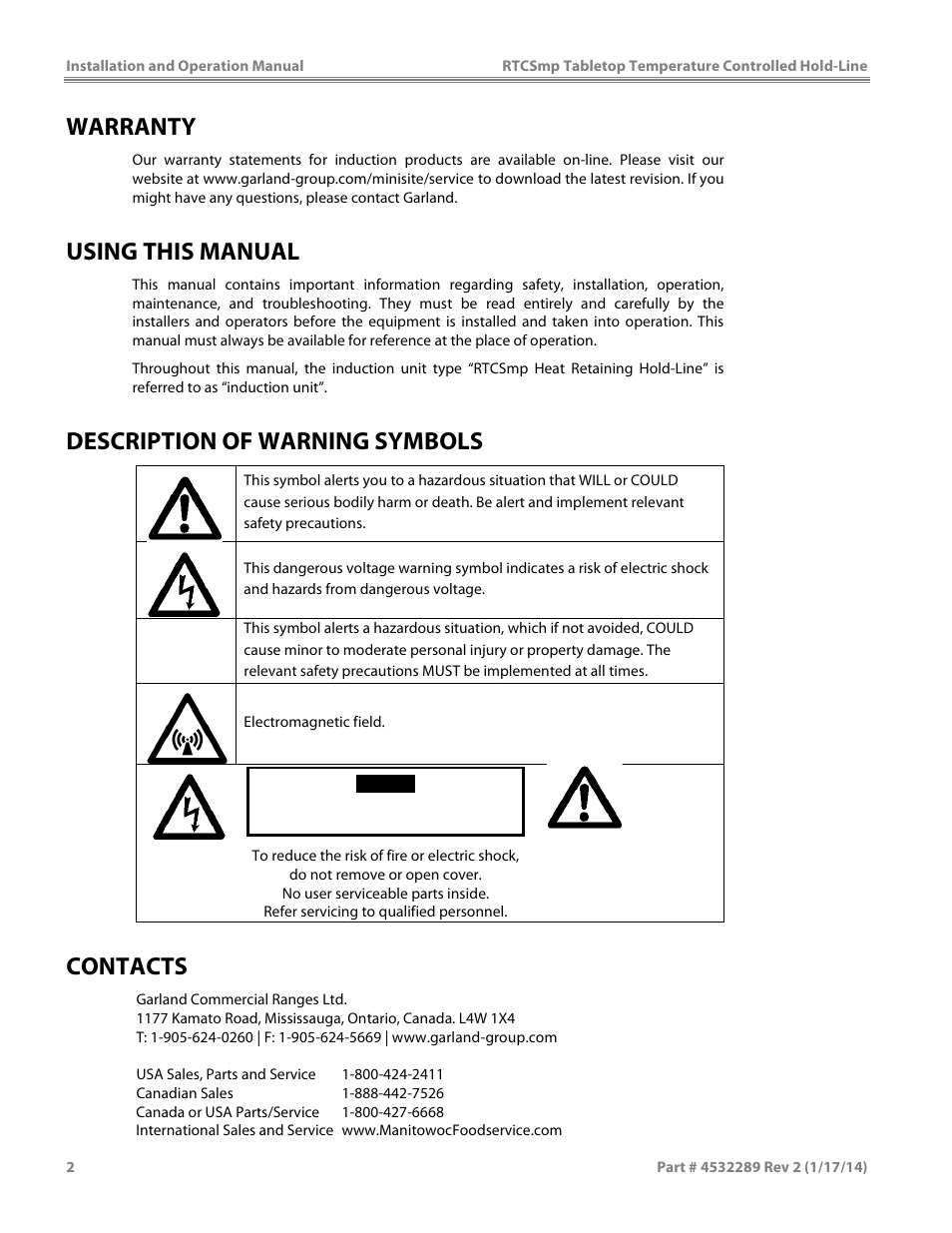 Warranty, Using this manual, Description of warning symbols | Contacts | Garland HO1500 INDUCTION TEMPERATURE CONTROLLED TABLETOP HOLD-LINE User Manual | Page 2 / 24