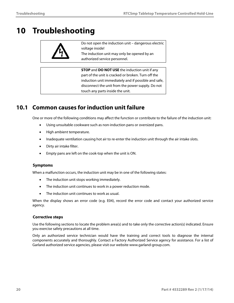 10 troubleshooting, 1 common causes for induction unit failure, Caution | Garland HO1500 INDUCTION TEMPERATURE CONTROLLED TABLETOP HOLD-LINE User Manual | Page 20 / 24