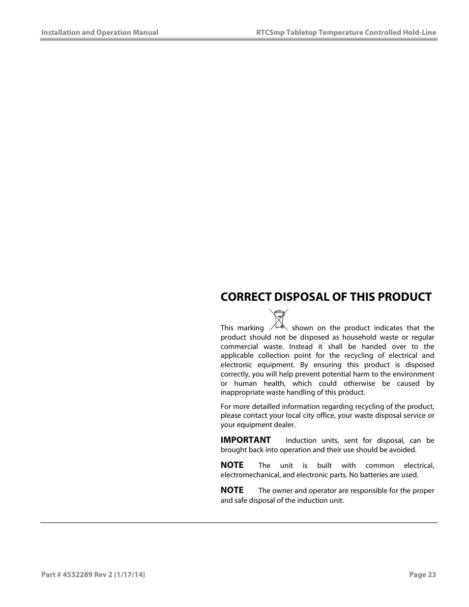Correct disposal of this product | Garland HO1500 INDUCTION TEMPERATURE CONTROLLED TABLETOP HOLD-LINE User Manual | Page 23 / 24