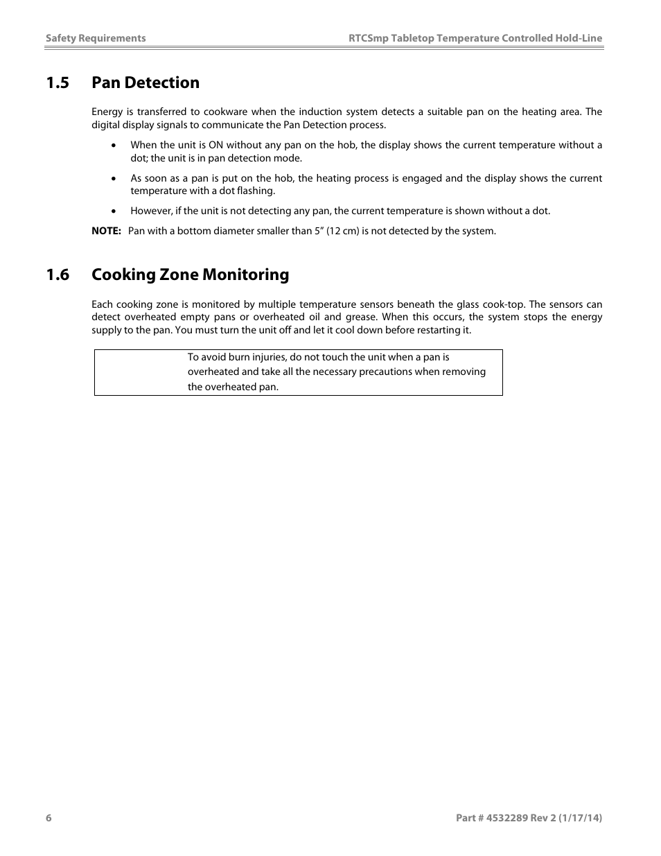 5 pan detection, 6 cooking zone monitoring, Caution | Garland HO1500 INDUCTION TEMPERATURE CONTROLLED TABLETOP HOLD-LINE User Manual | Page 6 / 24