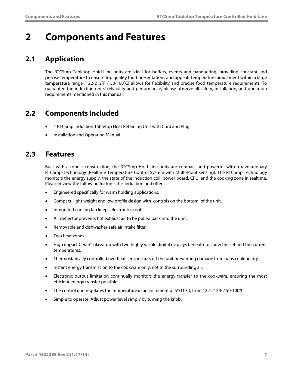 2 components and features, 1 application, 2 components included | 3 features | Garland HO1500 INDUCTION TEMPERATURE CONTROLLED TABLETOP HOLD-LINE User Manual | Page 7 / 24