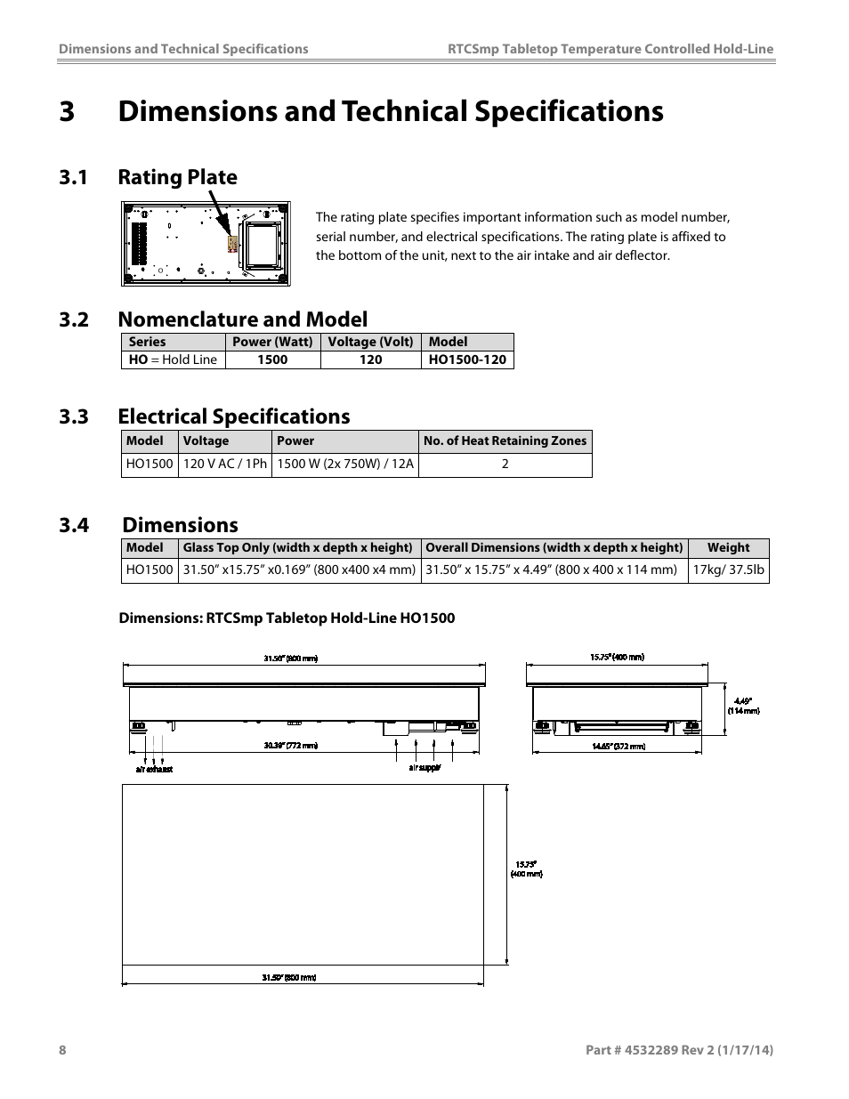 3 dimensions and technical specifications, 1 rating plate, 2 nomenclature and model | 3 electrical specifications, 4 dimensions | Garland HO1500 INDUCTION TEMPERATURE CONTROLLED TABLETOP HOLD-LINE User Manual | Page 8 / 24