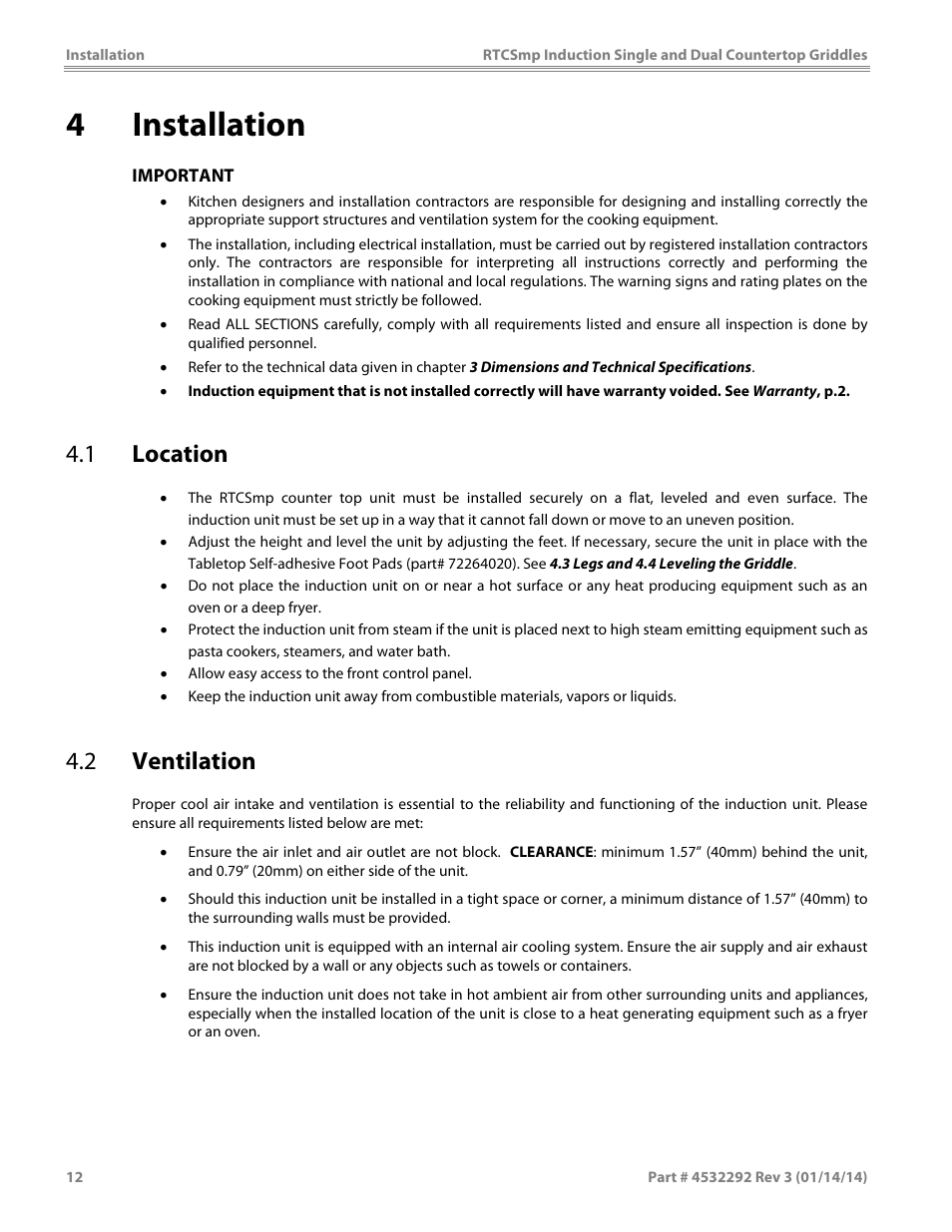 4 installation, 1 location, 2 ventilation | Garland SHDUGR10000 INDUCTION SINGLE / DUAL COUNTERTOP GRIDDLES User Manual | Page 12 / 24