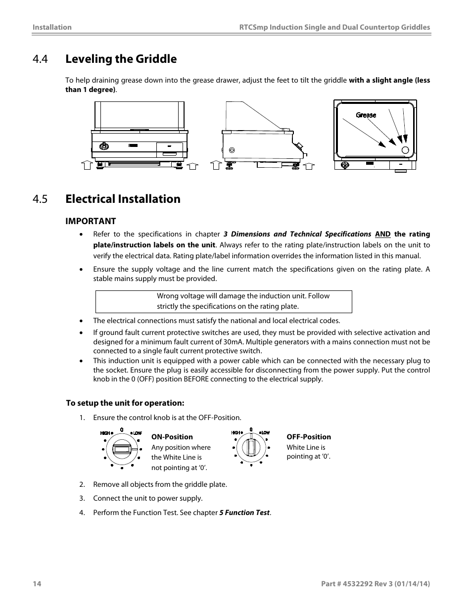 4 leveling the griddle, 5 electrical installation | Garland SHDUGR10000 INDUCTION SINGLE / DUAL COUNTERTOP GRIDDLES User Manual | Page 14 / 24