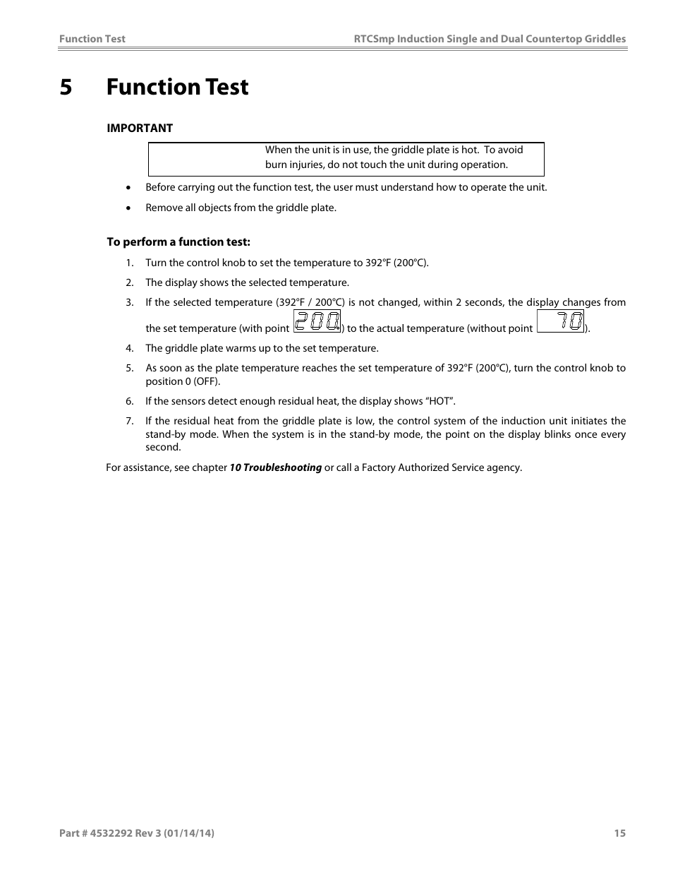 5 function test, Caution | Garland SHDUGR10000 INDUCTION SINGLE / DUAL COUNTERTOP GRIDDLES User Manual | Page 15 / 24