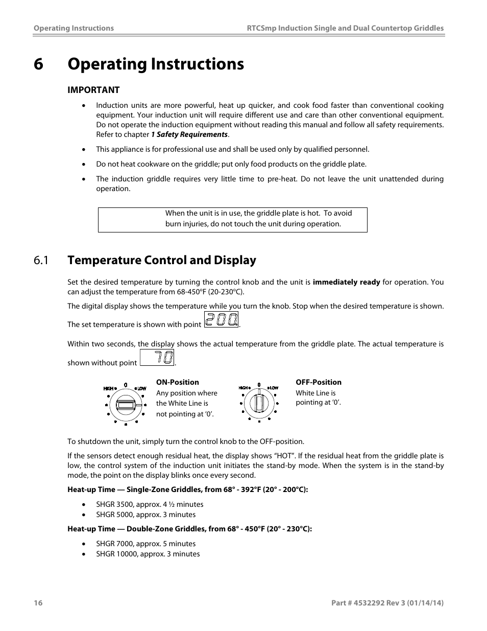 6 operating instructions, 1 temperature control and display, Caution | Garland SHDUGR10000 INDUCTION SINGLE / DUAL COUNTERTOP GRIDDLES User Manual | Page 16 / 24