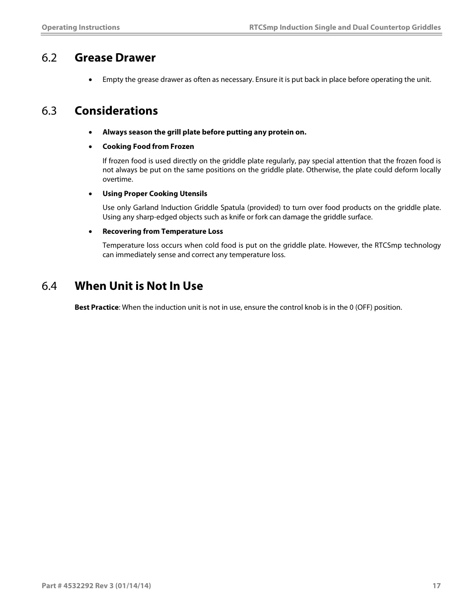 2 grease drawer, 3 considerations, 4 when unit is not in use | Garland SHDUGR10000 INDUCTION SINGLE / DUAL COUNTERTOP GRIDDLES User Manual | Page 17 / 24