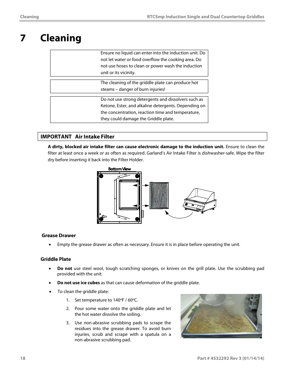 7 cleaning, Caution | Garland SHDUGR10000 INDUCTION SINGLE / DUAL COUNTERTOP GRIDDLES User Manual | Page 18 / 24