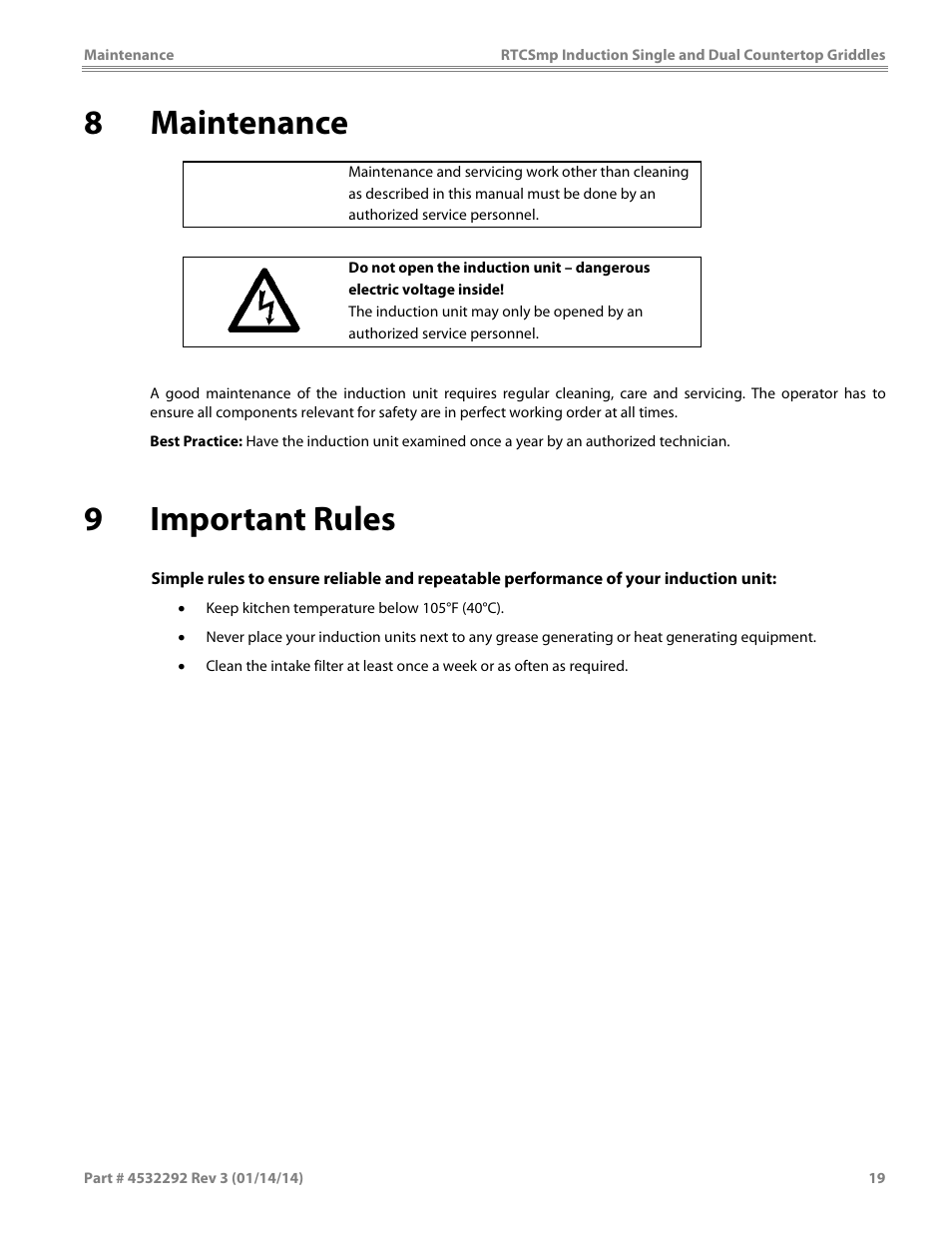 8 maintenance, 9 important rules | Garland SHDUGR10000 INDUCTION SINGLE / DUAL COUNTERTOP GRIDDLES User Manual | Page 19 / 24