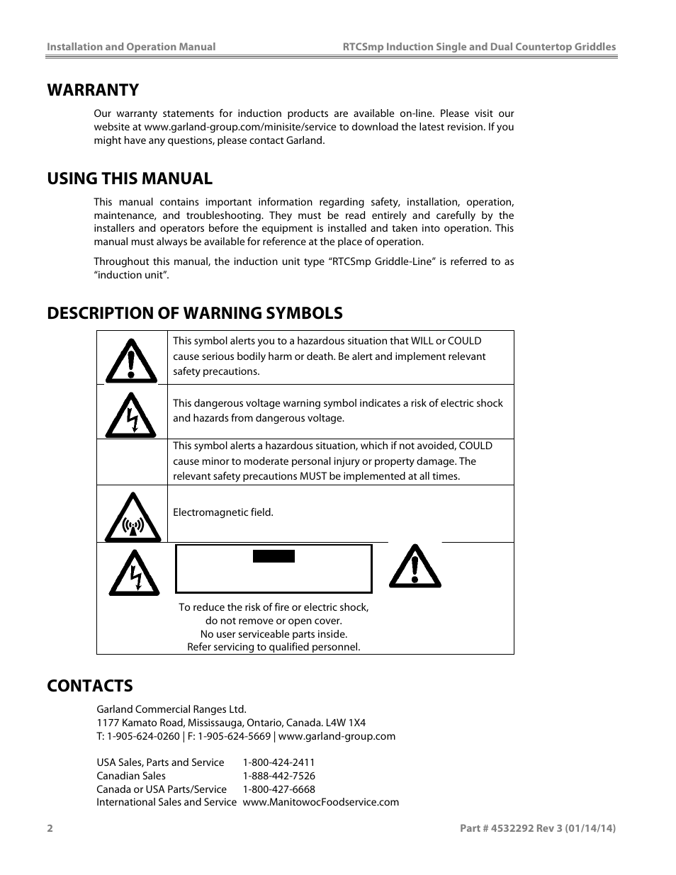 Warranty, Using this manual, Description of warning symbols | Contacts | Garland SHDUGR10000 INDUCTION SINGLE / DUAL COUNTERTOP GRIDDLES User Manual | Page 2 / 24