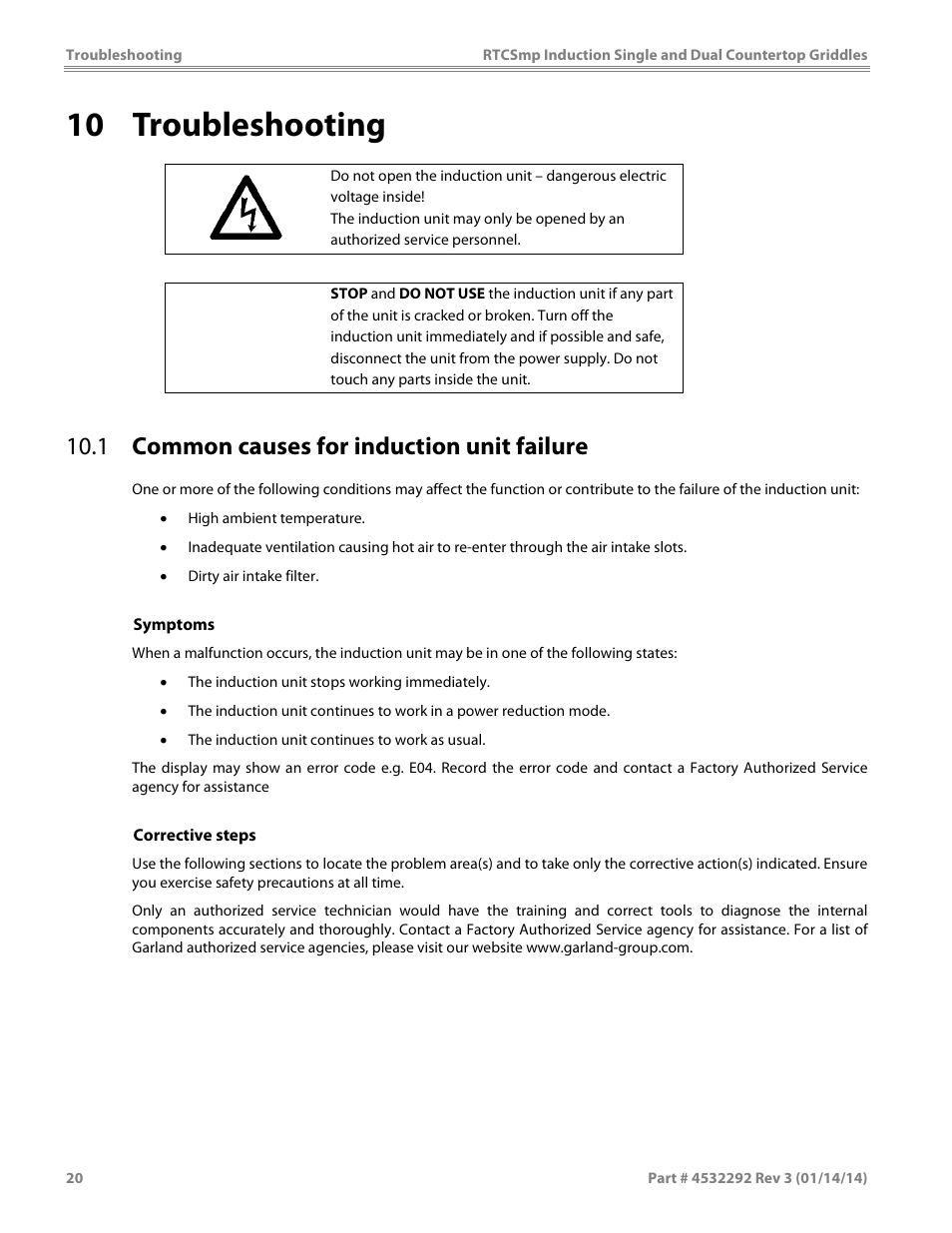 10 troubleshooting, 1 common causes for induction unit failure, Caution | Garland SHDUGR10000 INDUCTION SINGLE / DUAL COUNTERTOP GRIDDLES User Manual | Page 20 / 24