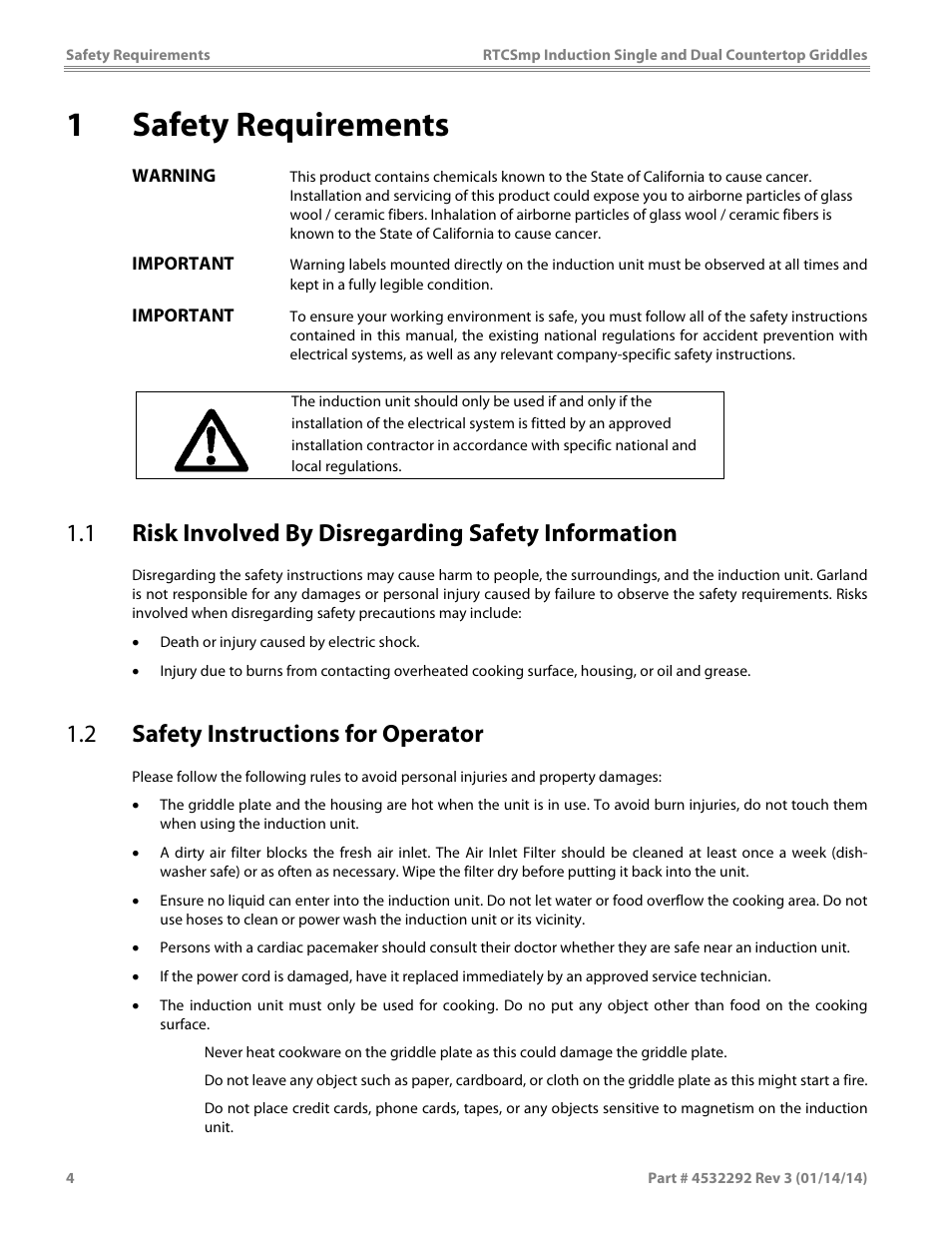 1 safety requirements, 1 risk involved by disregarding safety information, 2 safety instructions for operator | Garland SHDUGR10000 INDUCTION SINGLE / DUAL COUNTERTOP GRIDDLES User Manual | Page 4 / 24