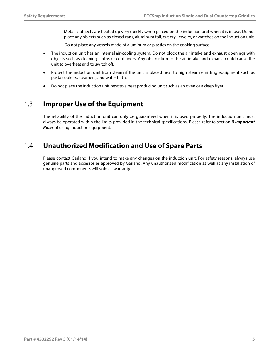 3 improper use of the equipment, 4 unauthorized modification and use of spare parts | Garland SHDUGR10000 INDUCTION SINGLE / DUAL COUNTERTOP GRIDDLES User Manual | Page 5 / 24