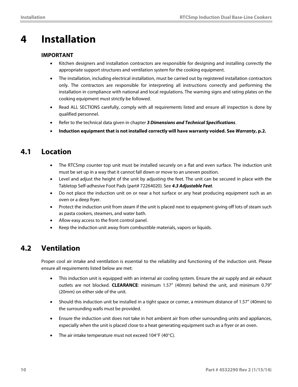 4 installation, 1 location, 2 ventilation | Garland SHDUBA10000 INDUCTION DUAL-ZONE BASE-LINE COOKERS User Manual | Page 10 / 24