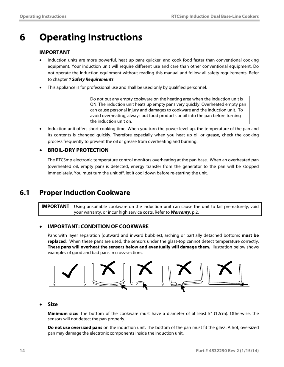 6 operating instructions, 1 proper induction cookware, Caution | Garland SHDUBA10000 INDUCTION DUAL-ZONE BASE-LINE COOKERS User Manual | Page 14 / 24